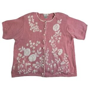 Arriviste Women Floral Embroidered Pink Short Sleeve Cardigan‎ Sweater MEDIUM